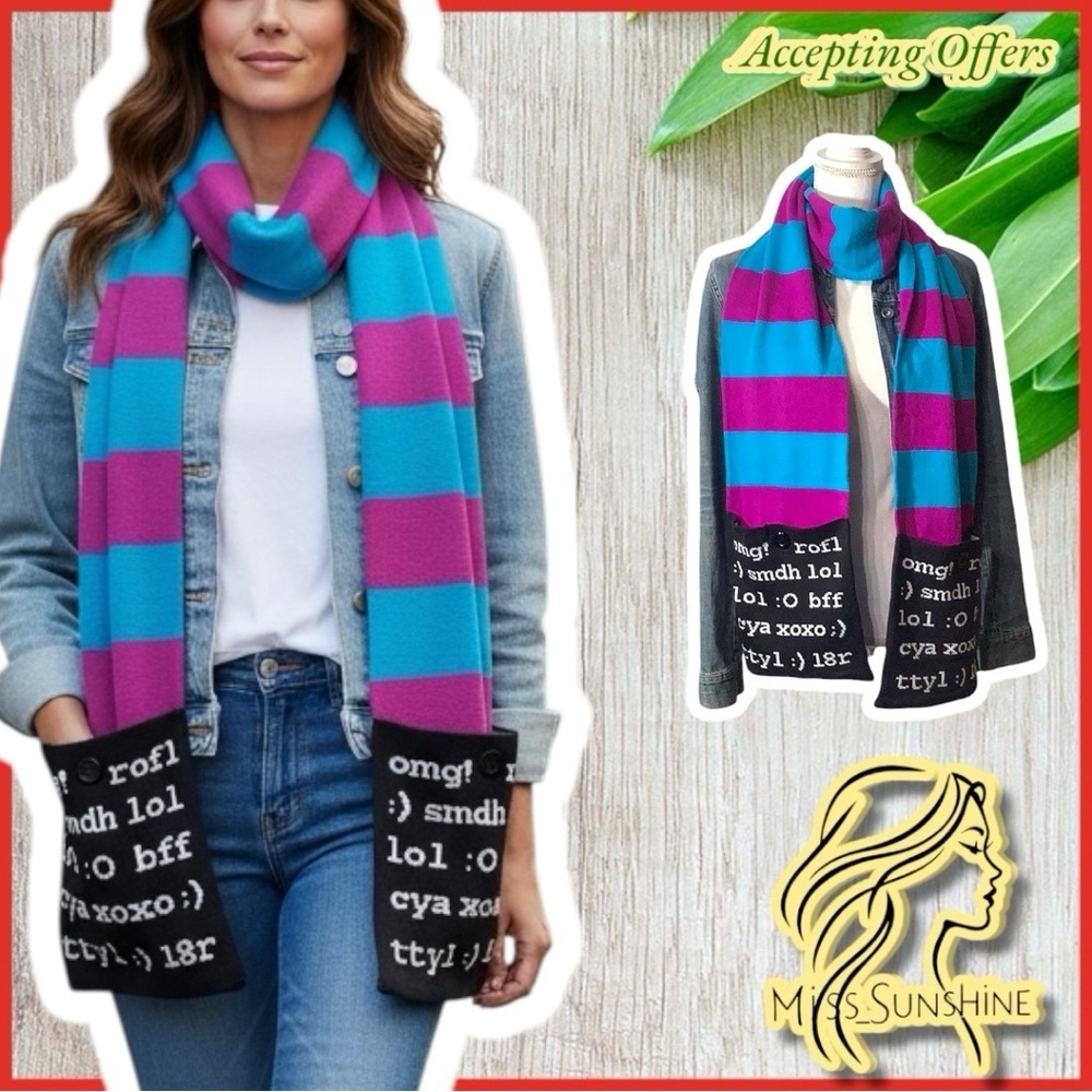 Long wide scarf with pockets on both sides - closure thru big button striped